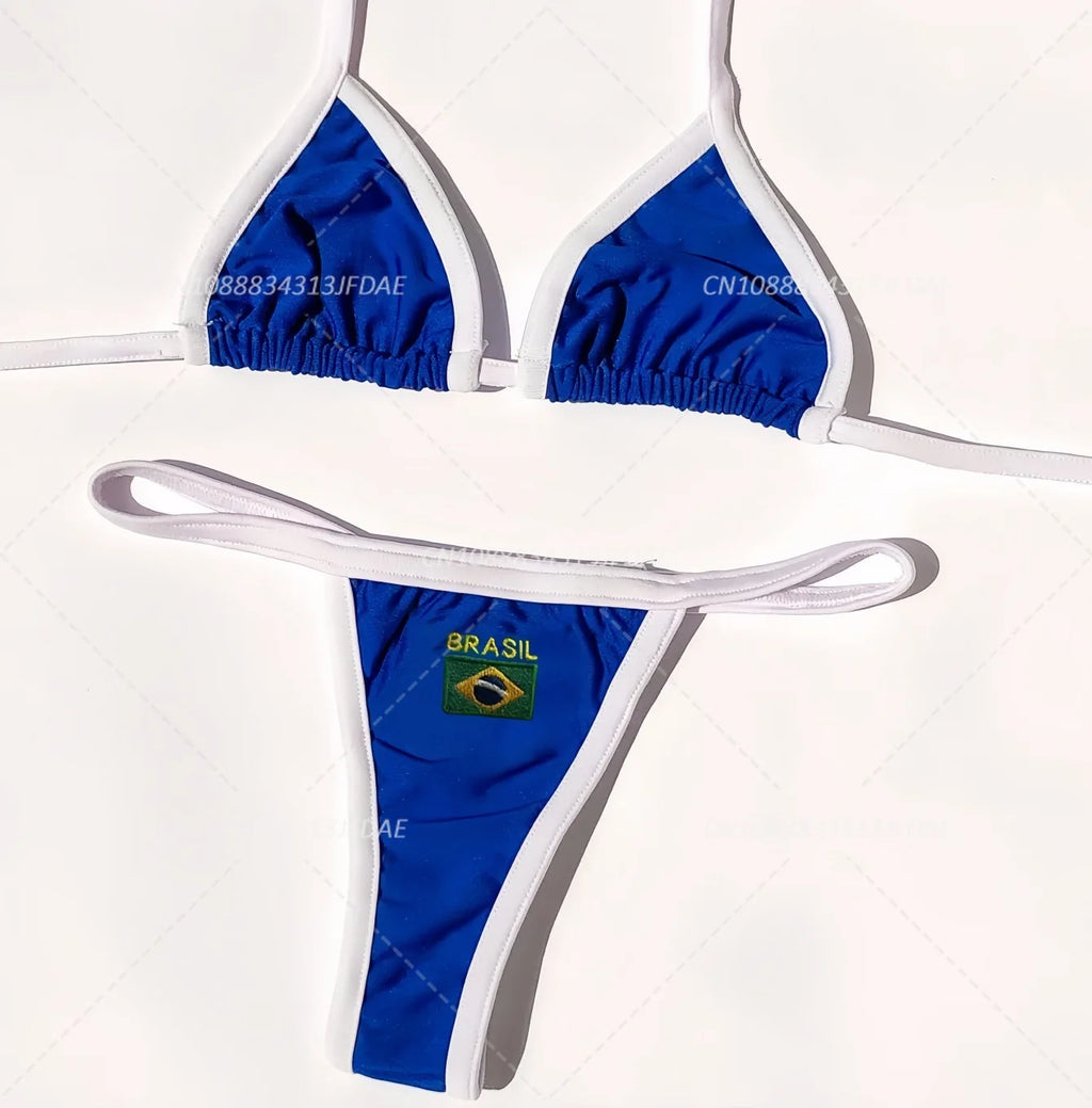 Sexy Embroidery Brazil Flag Contrast Split Bikini Set Women Swimwear Patchwork Swimsuit Hottie Outfit Summer Beachwear