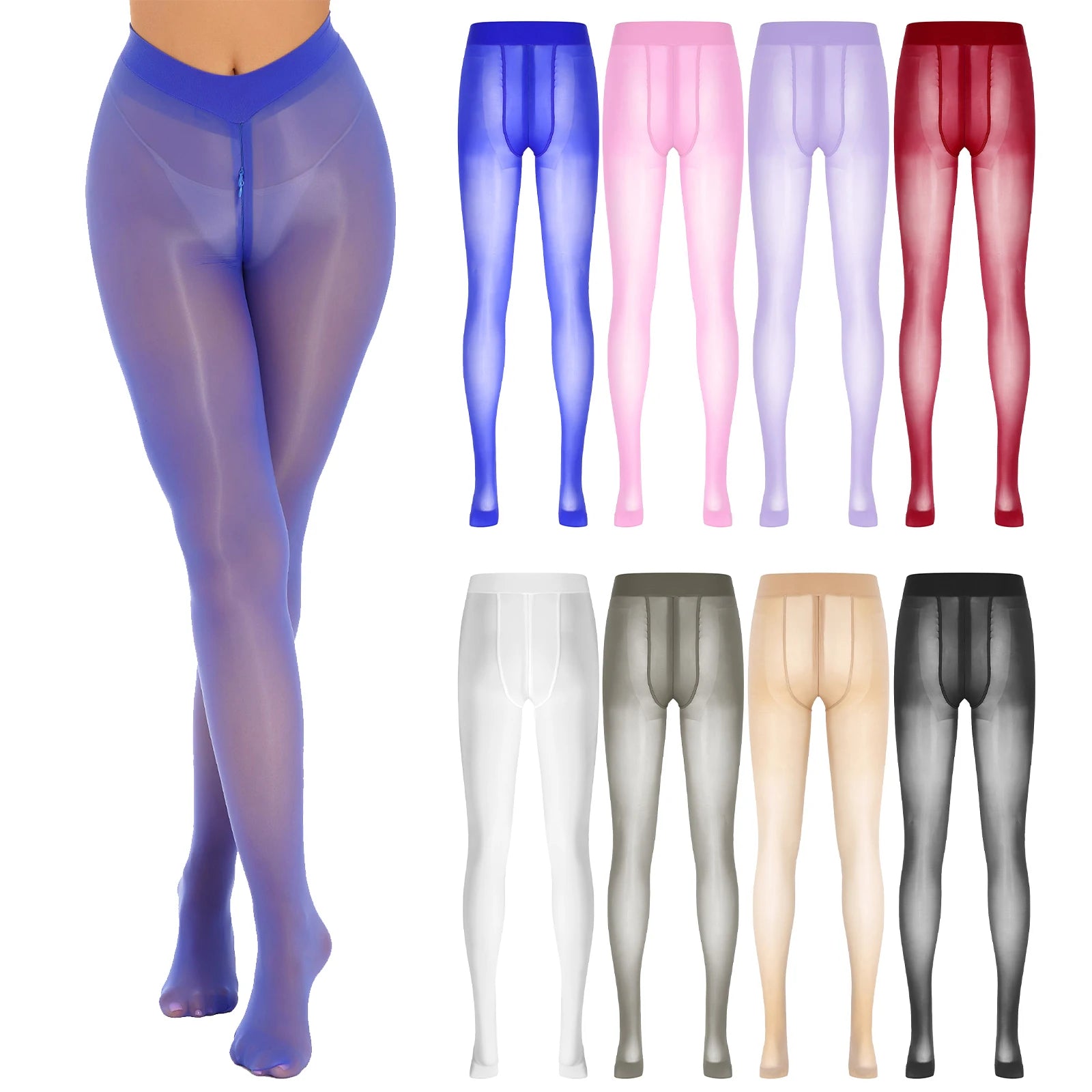 Women's Sexy Glossy Zipper Crotch Pantyhose Tights See-Through Sheer Solid Color Elastic Waistband Leggings with Socks Stretchy