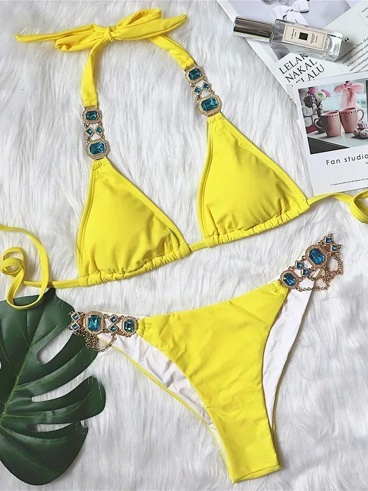 Halter Rhinestone Diamond Bikini Women Swimsuit Female Bikinis Metal Chain Swimwear Two Pieces Bikini Set Bathing Suit Swim Lady