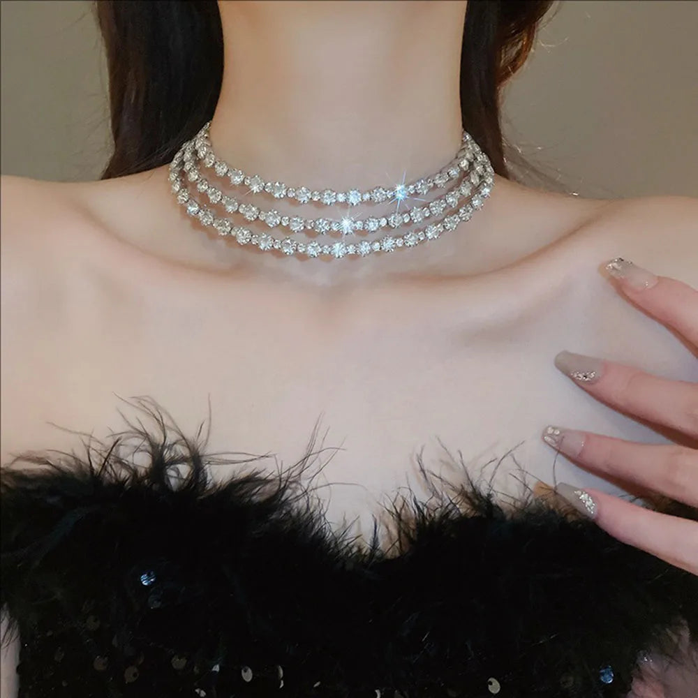 Multi-layer Crystal-encrusted Collar Necklace Unique Clavicle Chain Fashionable Light Luxury and High-end Jewelry