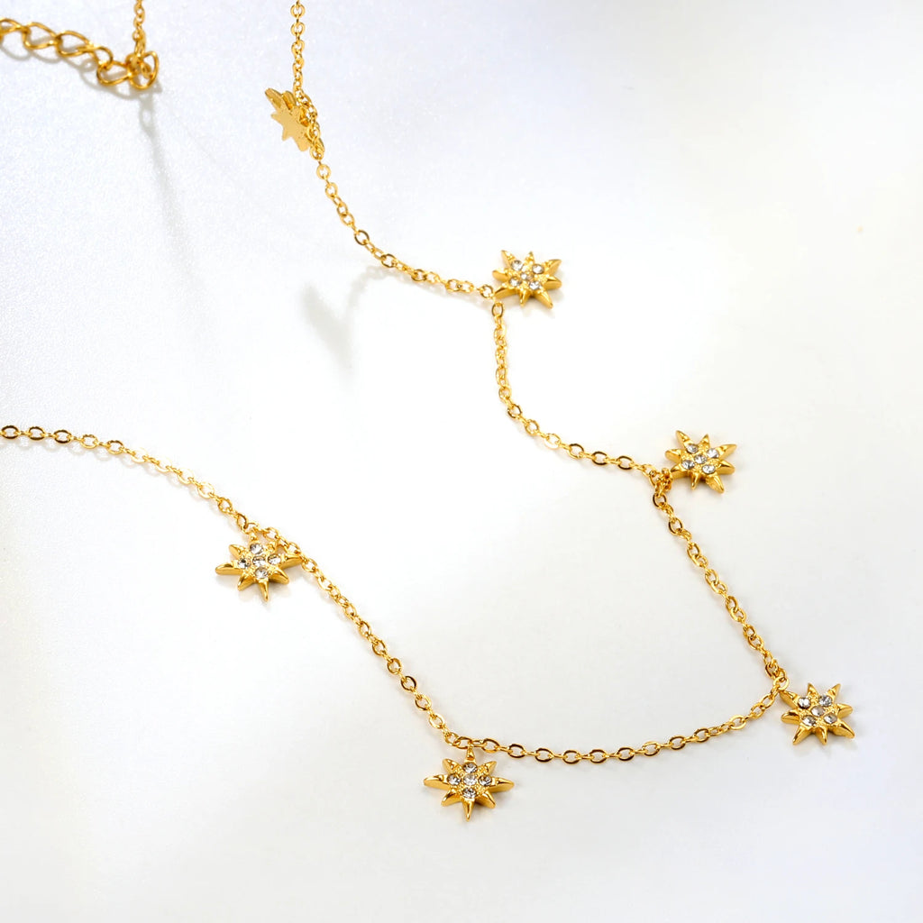 LUXUKISSKIDS Trendy Korean 5 Stars Charms Clavicle Choker Steel Fairy Woman Eight-Pointed Star with Shiny Zirconia Necklace