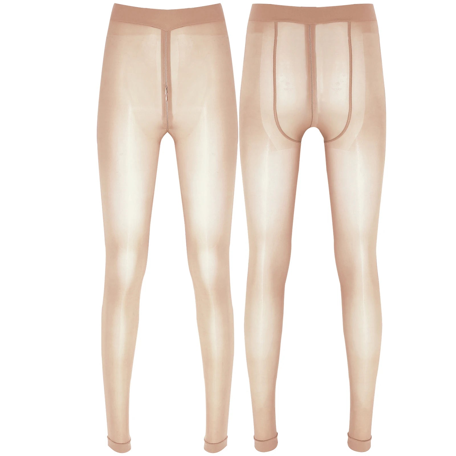 Women's Sexy Glossy Zipper Crotch Pantyhose Tights See-Through Sheer Solid Color Elastic Waistband Leggings with Socks Stretchy