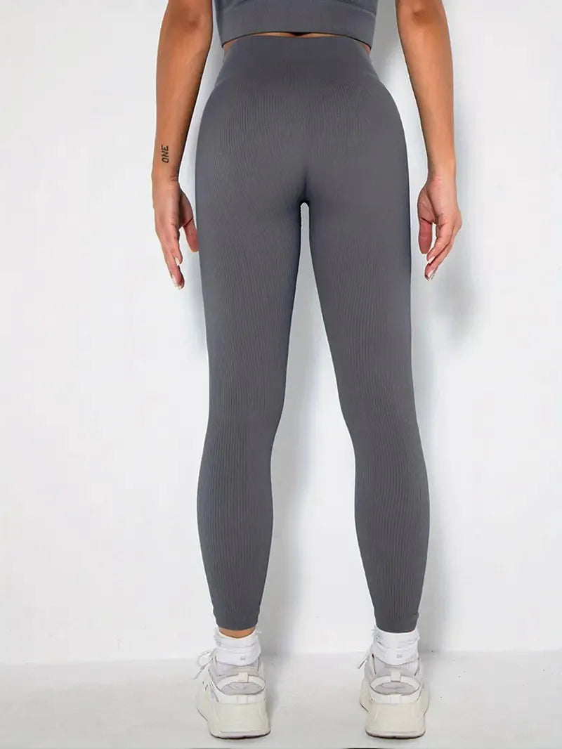 Women's Seamless High Waist Sports Fashion Casual Solid Color Soft Ribbed Trousers Sports Pants Yoga Pants Leggings
