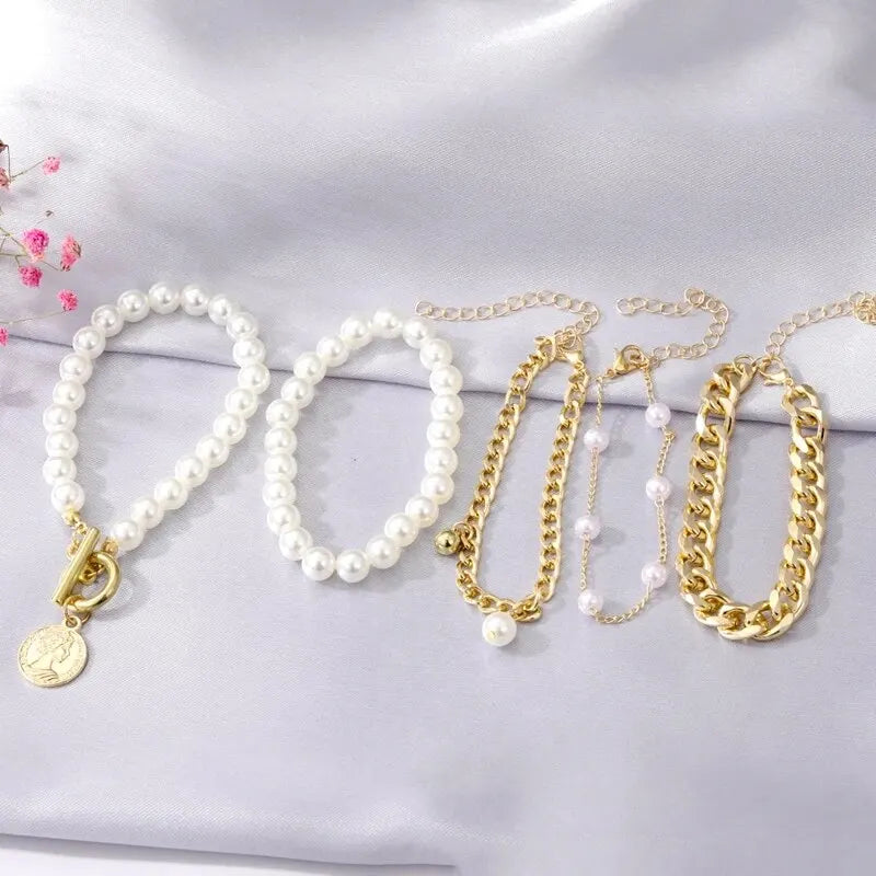 Boho Fashion Bracelets For Women Vintage Geometric Imitation-pearl Human Head Coin Pendant Gold-color Jewelry Gift For Fema