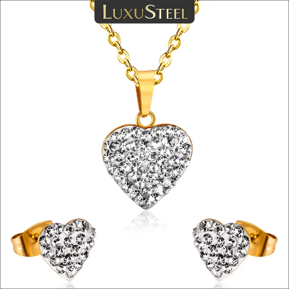 LUXUSTEEL New Heart Cubic Zirconia Wedding Jewelry Sets Women/Girl Stainless Steel Gold Color Choker Necklace Collier Bijoux