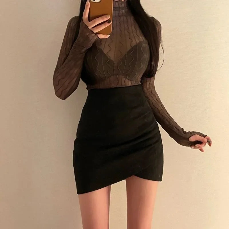 Women's Suede Mini Skirt High Waist Tight Fit Elastic Asymmetrical Short Skirts Autumn Winter New Style Bodycon Skirts