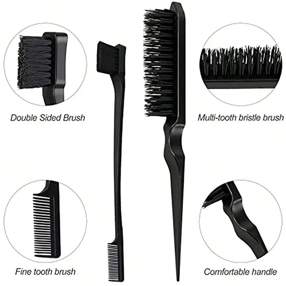3 PCS Comb Set Edge Brush Bristle Hair Brush Rat Tail Comb, Hair Brush, Curly Hair Brush