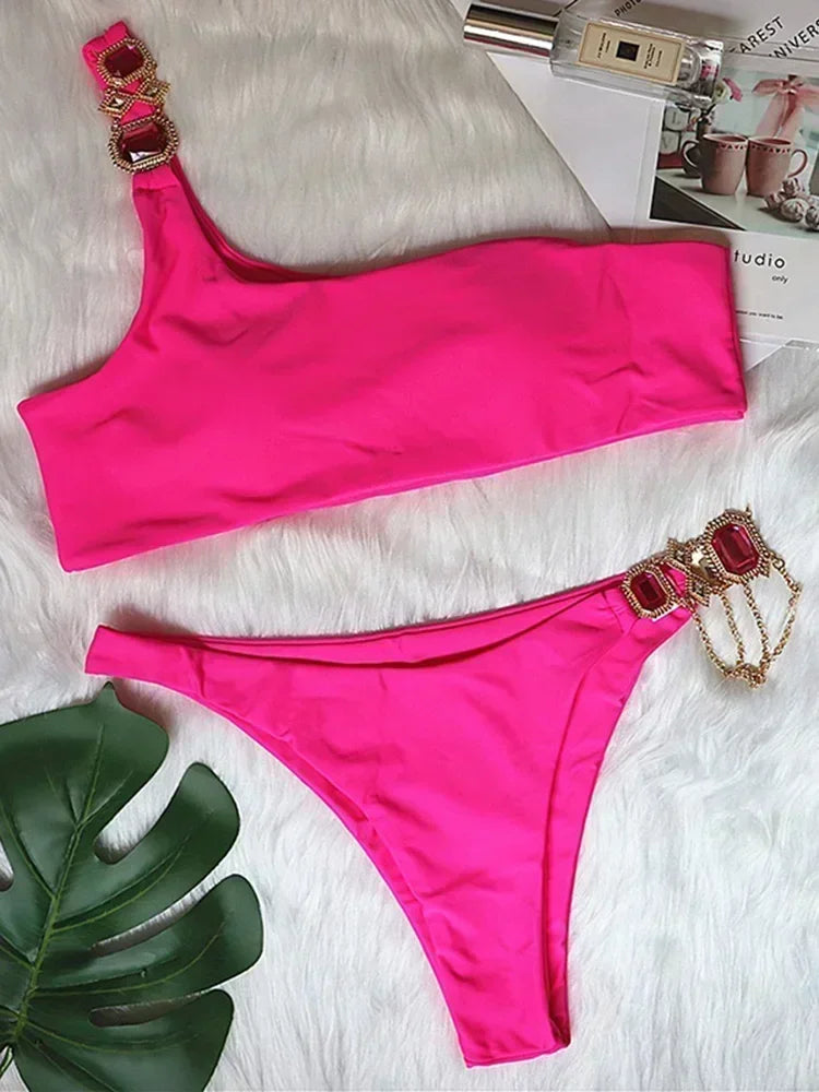 Halter Rhinestone Diamond Bikini Women Swimsuit Female Bikinis Metal Chain Swimwear Two Pieces Bikini Set Bathing Suit Swim Lady