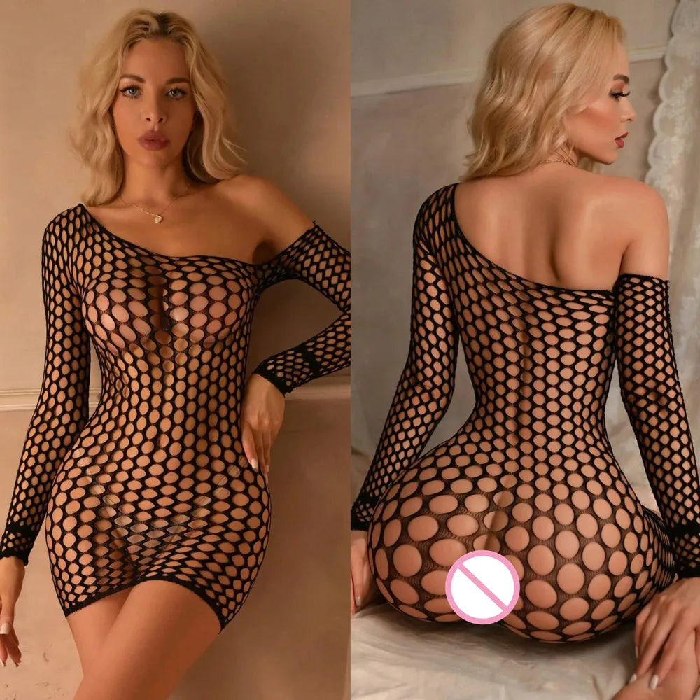 Sexy Female Dress Women's Fashion Beach Wear Sex Sleepwear Long Sleeve Fishnet Short Net Skirt Erotic Backless Bodycon Dress