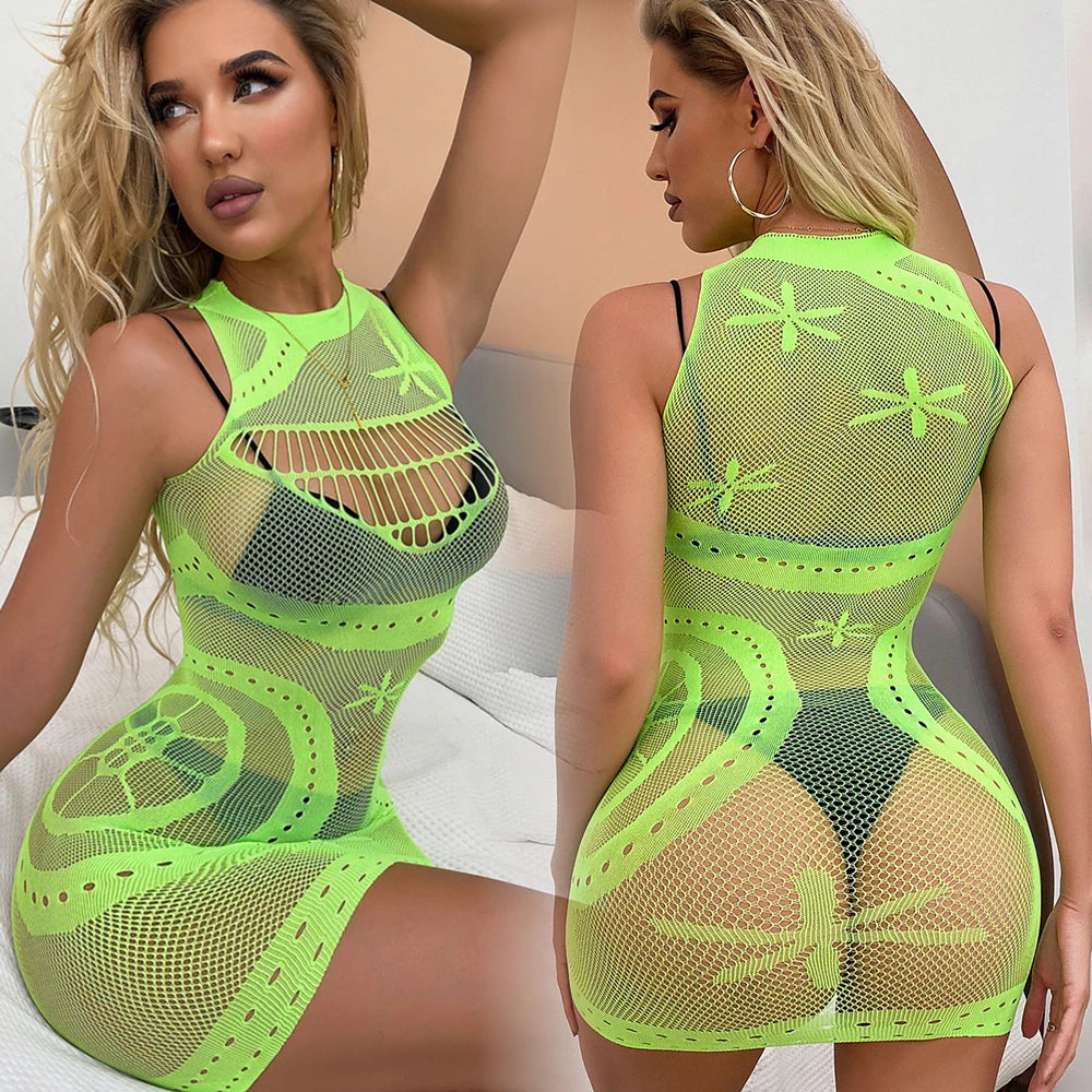 Sexy Lingerie Babydolls Bodycon Dress Fishnet Clubwear Perspective Halter See Through Women's Lingerie Body Stocking Nightdress