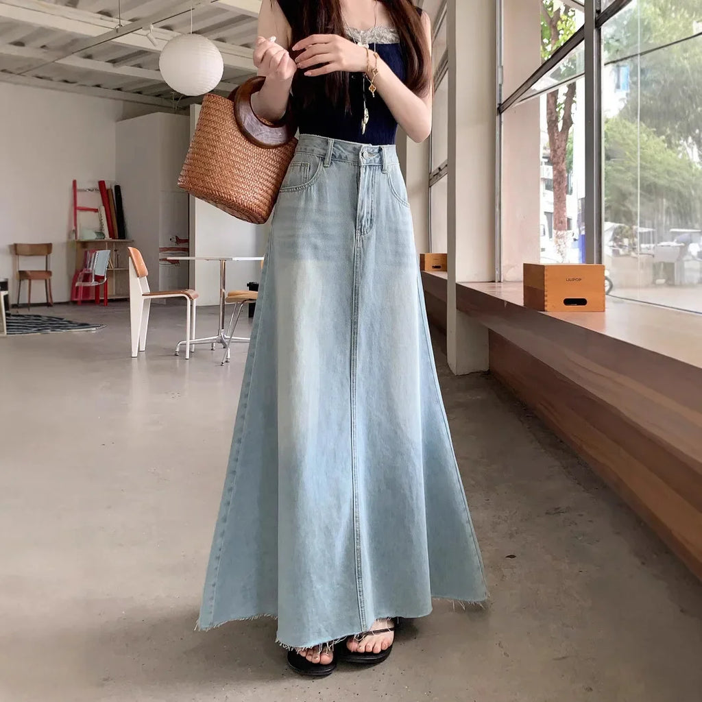 American Retro Torn Denim Mini Skirt Women's Spring New Large Size Long A- Line Loose Slimming Bodycon Skirt