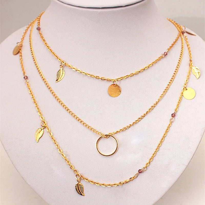 Hot Fashion Gold Color Chain Leaves Multi Layer Choker Necklace Geometric Round Necklace For Women Collier Femme Jewelry Gift