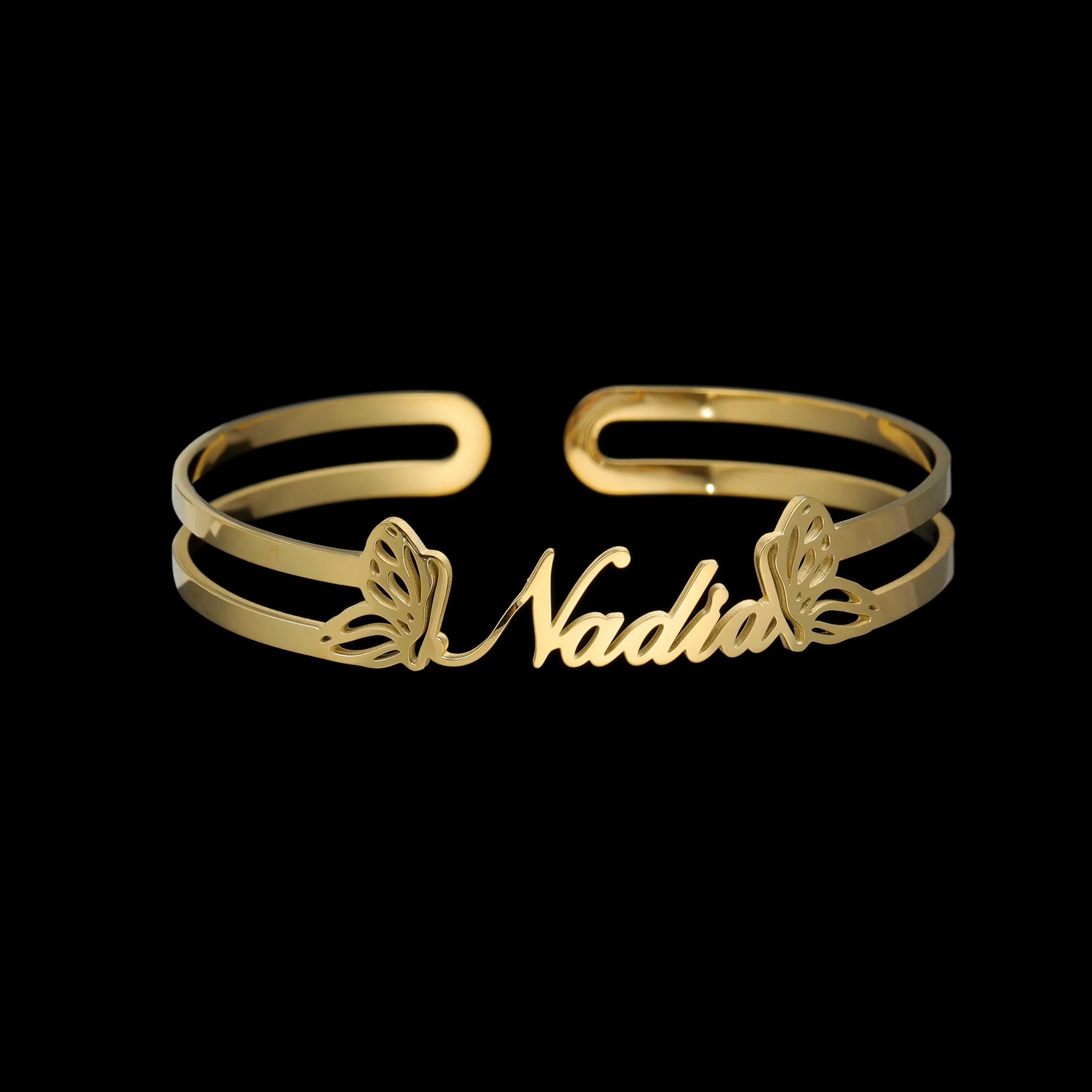 Acheerup Personalized Name Open Size Bangle for Women Men Stainless Steel Custom Butterfly Heart Bracelet Couple Jewelry Gift