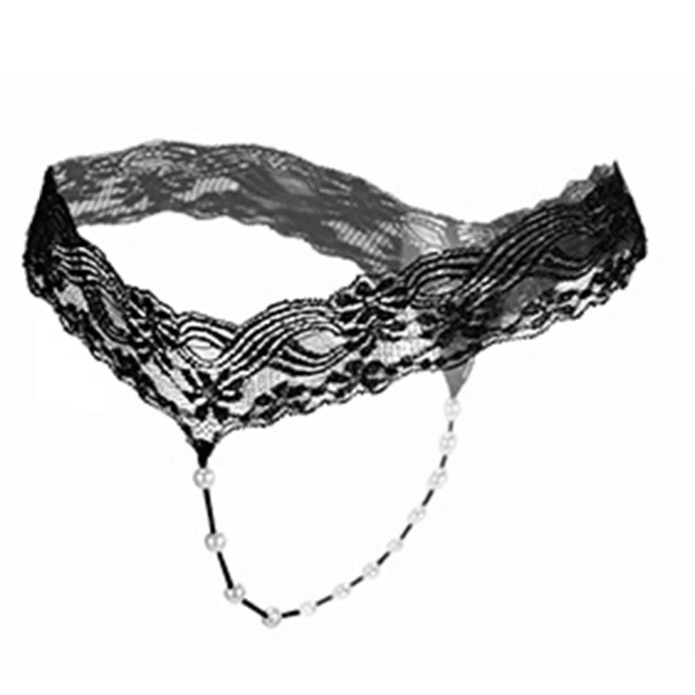 Women's G-String T-Back Thong Lingerie with Pearl Crotch Massage Panties, Sexy Lace Transparent Underwear, Enhanced T-Back String
