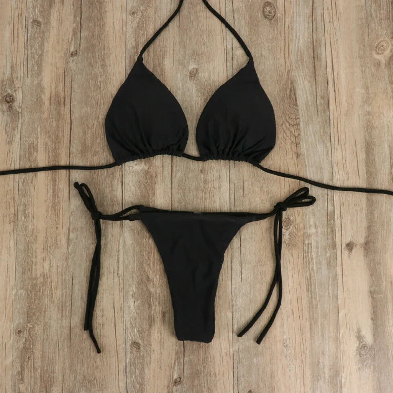 Women Thong Bikini Set Side Tie Sexy Swimsuit Bandage Style Brazilian Swimwear Bikini 2022 Woman Solid Color Beach Swimwear