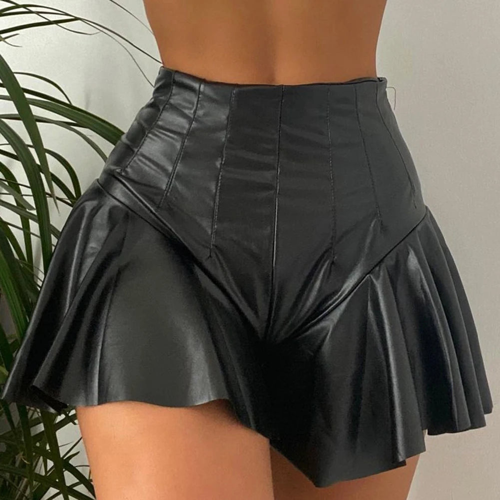Women Faux Leather Mini Skirt A-Line Ruffle Black Shorts High Waist Exotic Club