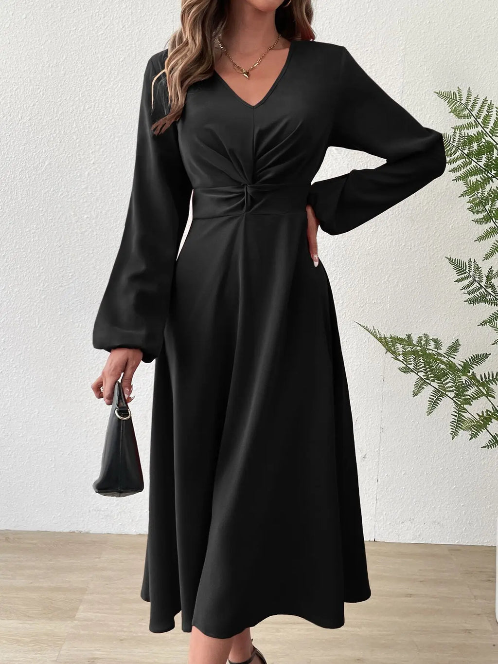 Evening Dresses with V Neck Lantern Long Sleeve Twisted edge Knot Detail at Waist Midi Dress Woman 2025 New Arrival