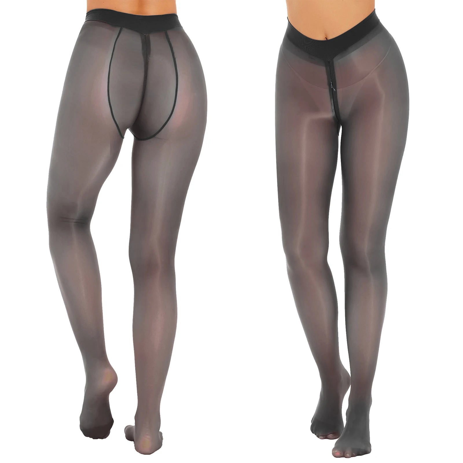 Women's Sexy Glossy Zipper Crotch Pantyhose Tights See-Through Sheer Solid Color Elastic Waistband Leggings with Socks Stretchy
