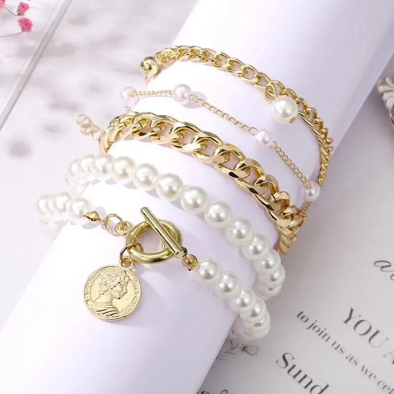 Boho Fashion Bracelets For Women Vintage Geometric Imitation-pearl Human Head Coin Pendant Gold-color Jewelry Gift For Fema