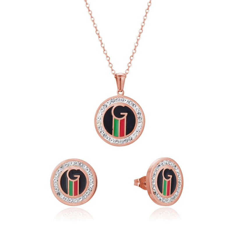 Luxury Full Crystals Pendant Necklace Earrings Sets Stainless Steel Collar Clavicle Necklaces for Women Fashion Jewelry