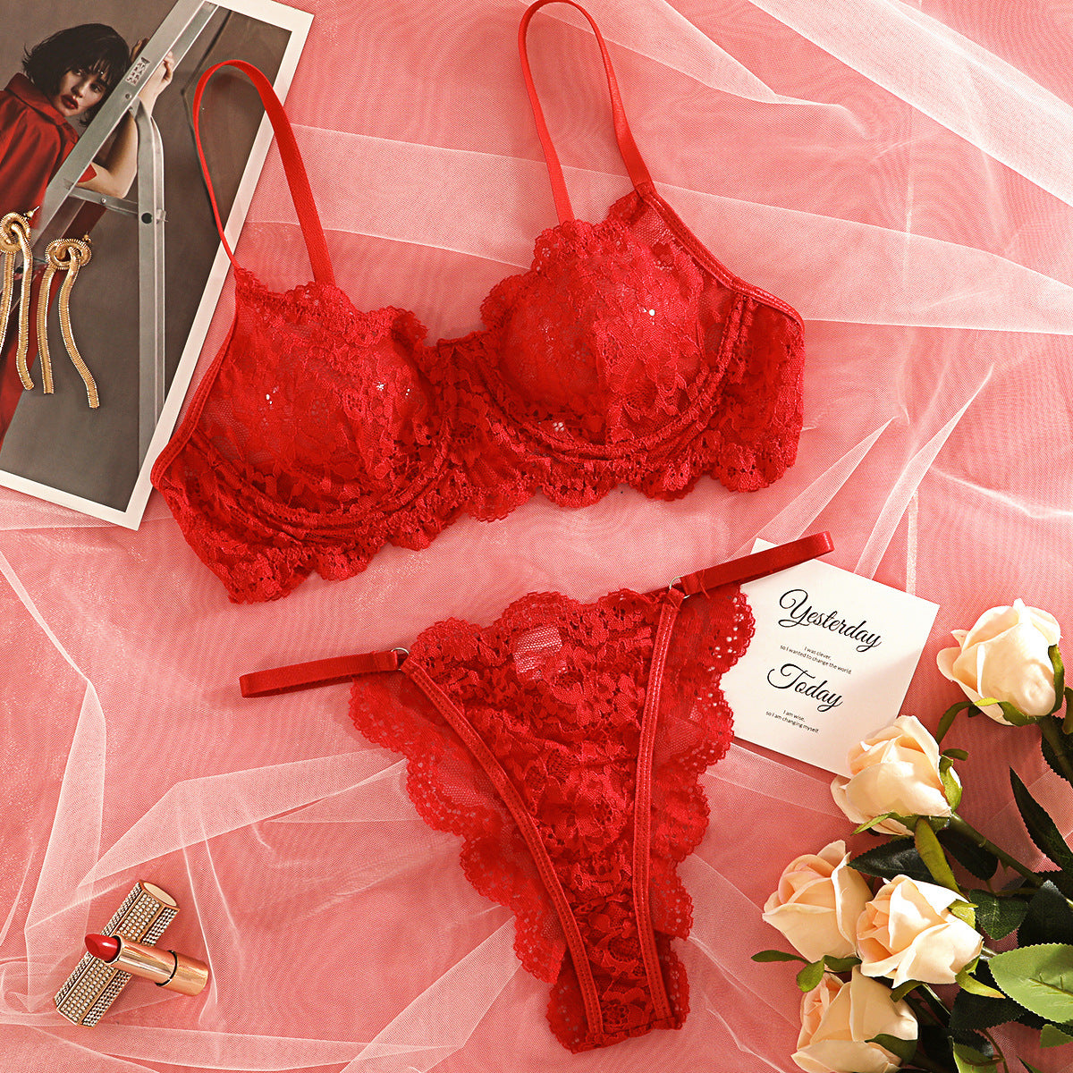 Lace See-through Underwear Set for Women with Straps